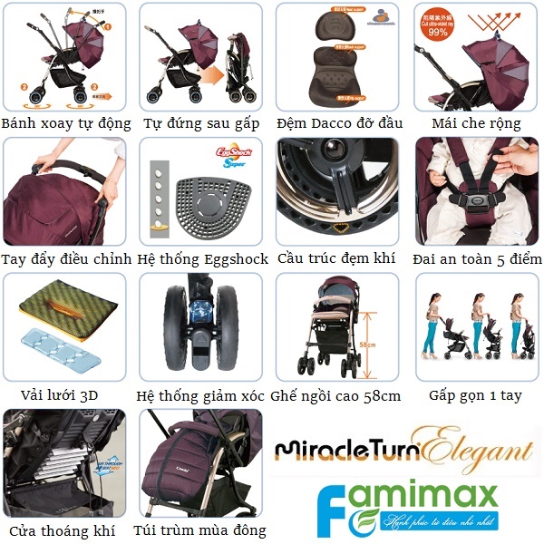 Xe đẩy Combi Miracle Turn Elegant MT-700D 4 bánh xoay tự động